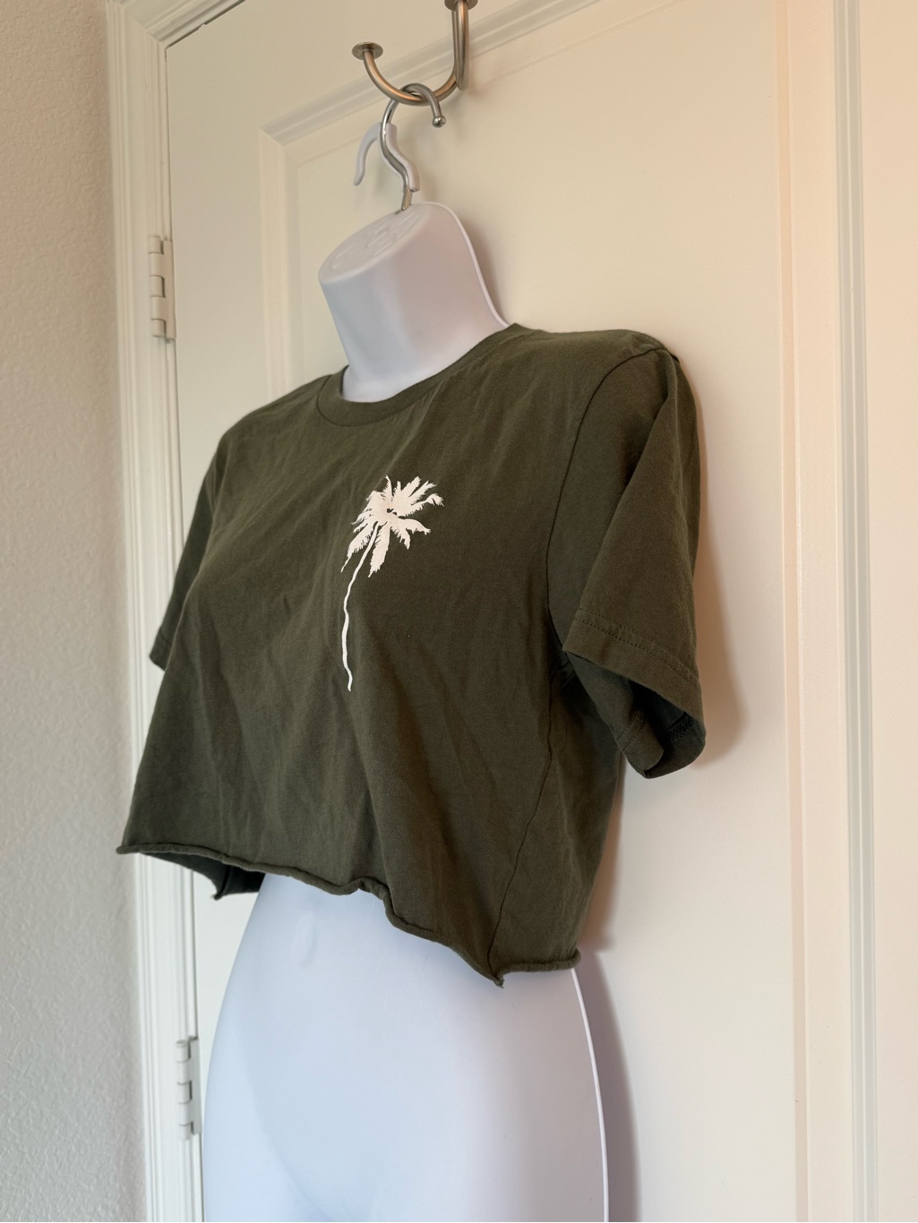 Love Fitness Olive Green Crop Top Tee With White Palm Tree Graphic Logo — image 2 of 5